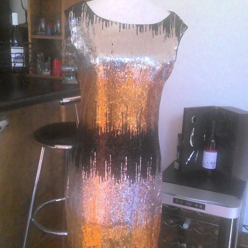 JONATHAN MARTIN GOLD, BLACK AND SILVER SEQUINNED KNEE DRESS (LINED)-6